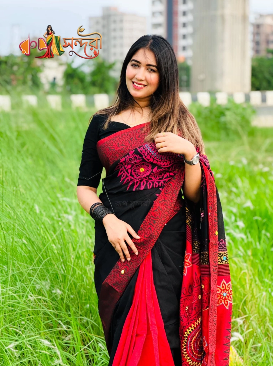 Handloom Black Cotton Sari with Deep Red Aari Embroidery and Print Work