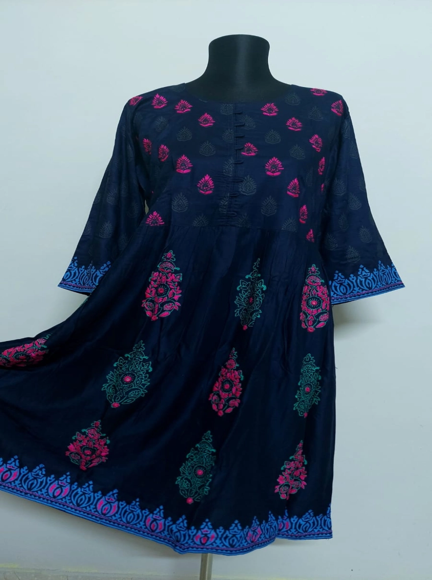Navy Blue Flared Kurti with Pink & Teal Print