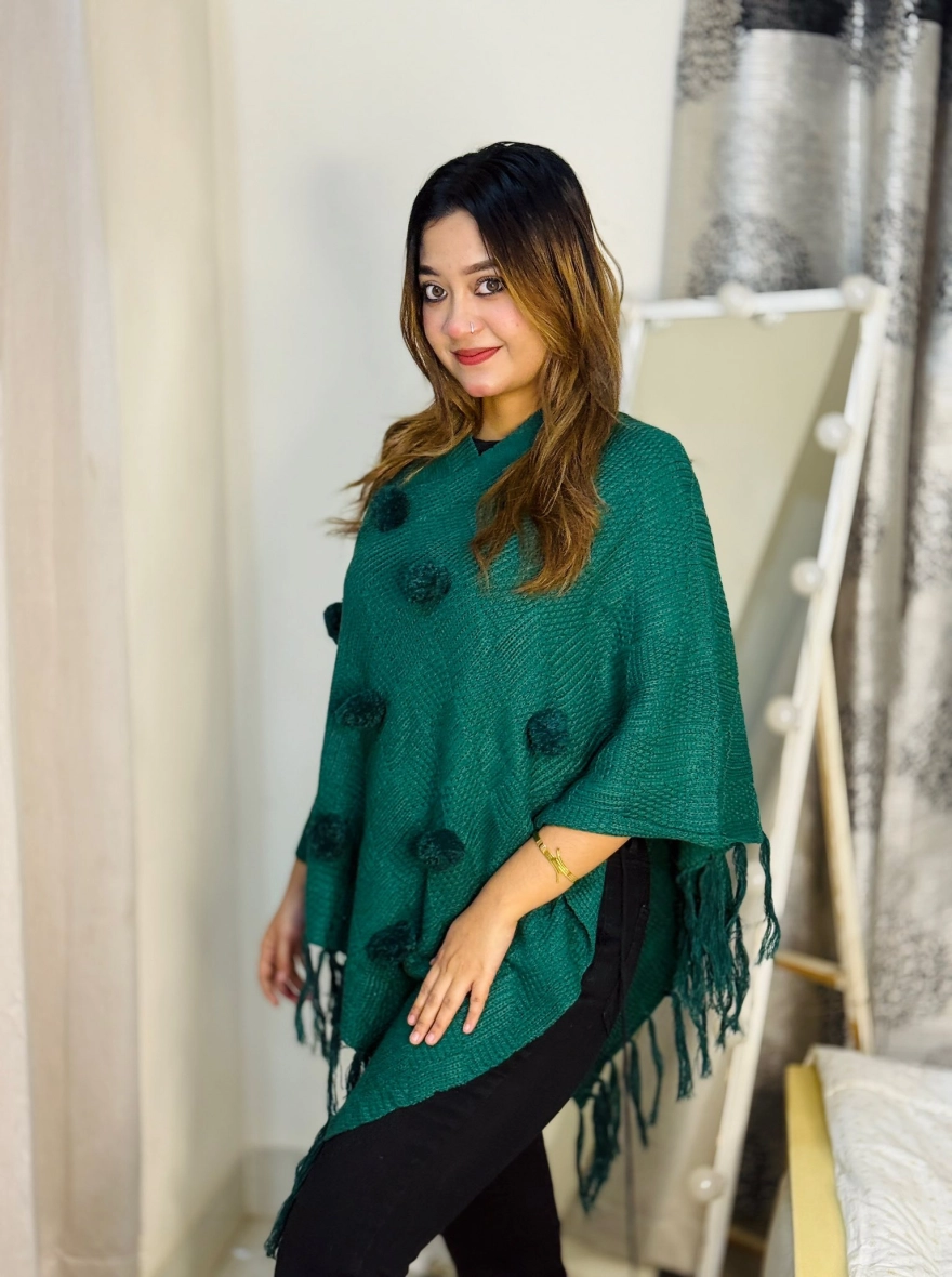 Emerald Pom-Pom Fringe Knit Poncho