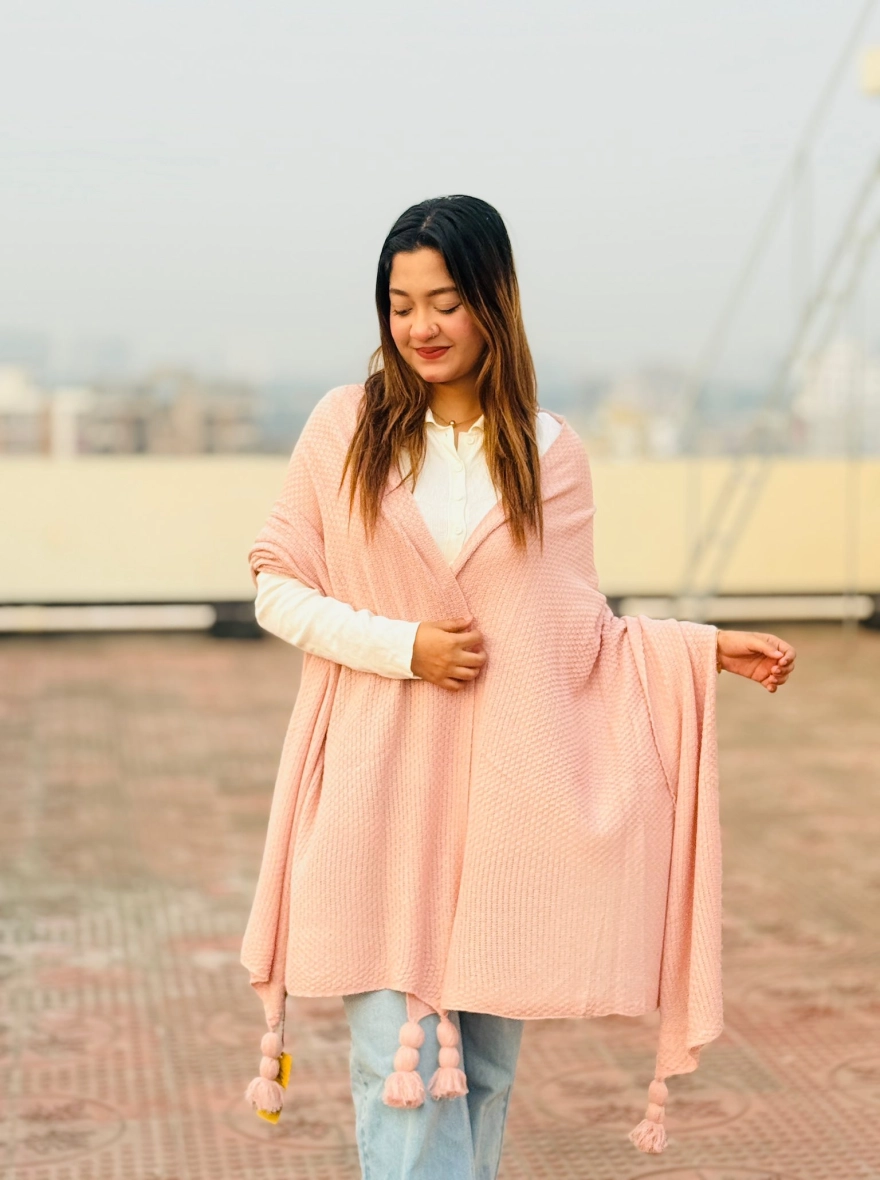 Soft Knit Winter Shawl with Pom-Pom Tassels - Blush Pink