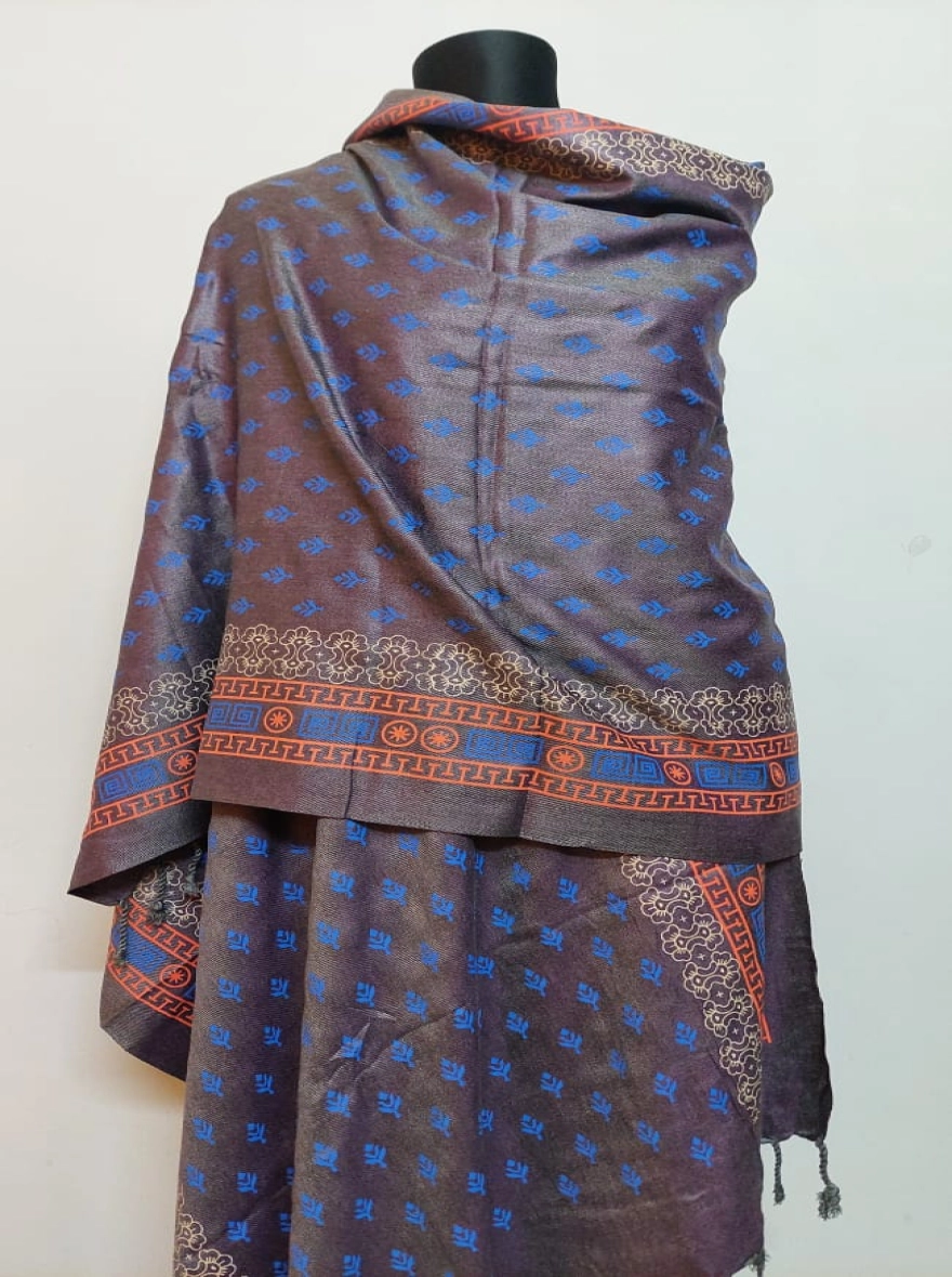 Luxurious Jacquard Pattern Shawl - Slate Grey with Blue & Orange