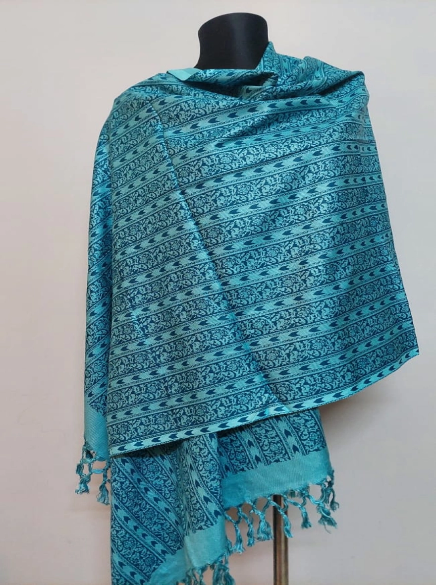 Aqua Blue Handloom Blend Shawl with Traditional Geometric Print