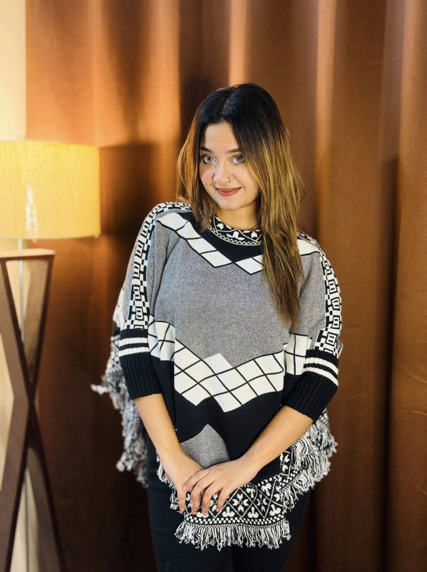 Black and White Geometric Poncho