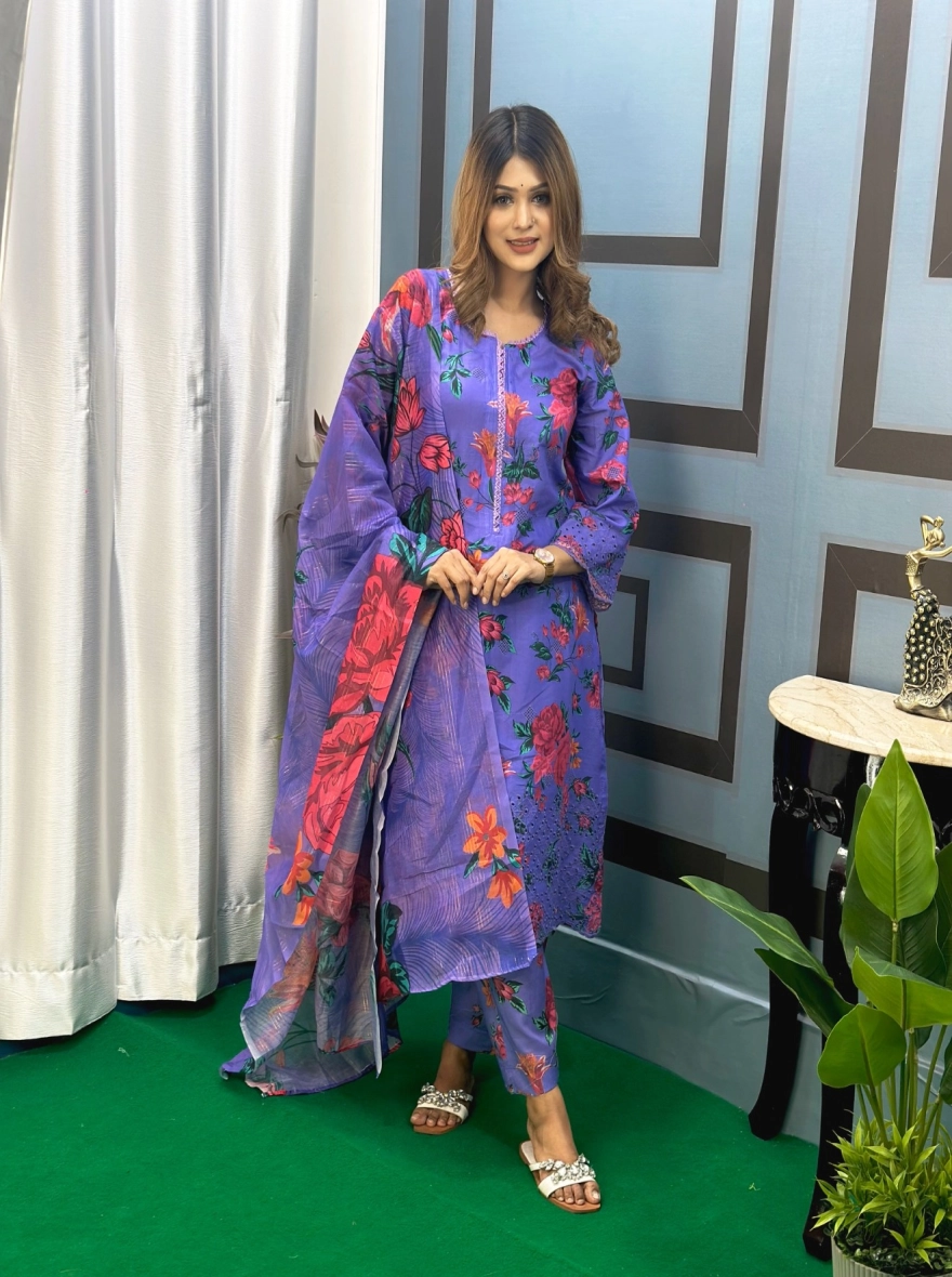 Azure Blue Embroidered Three-Piece Cotton Set