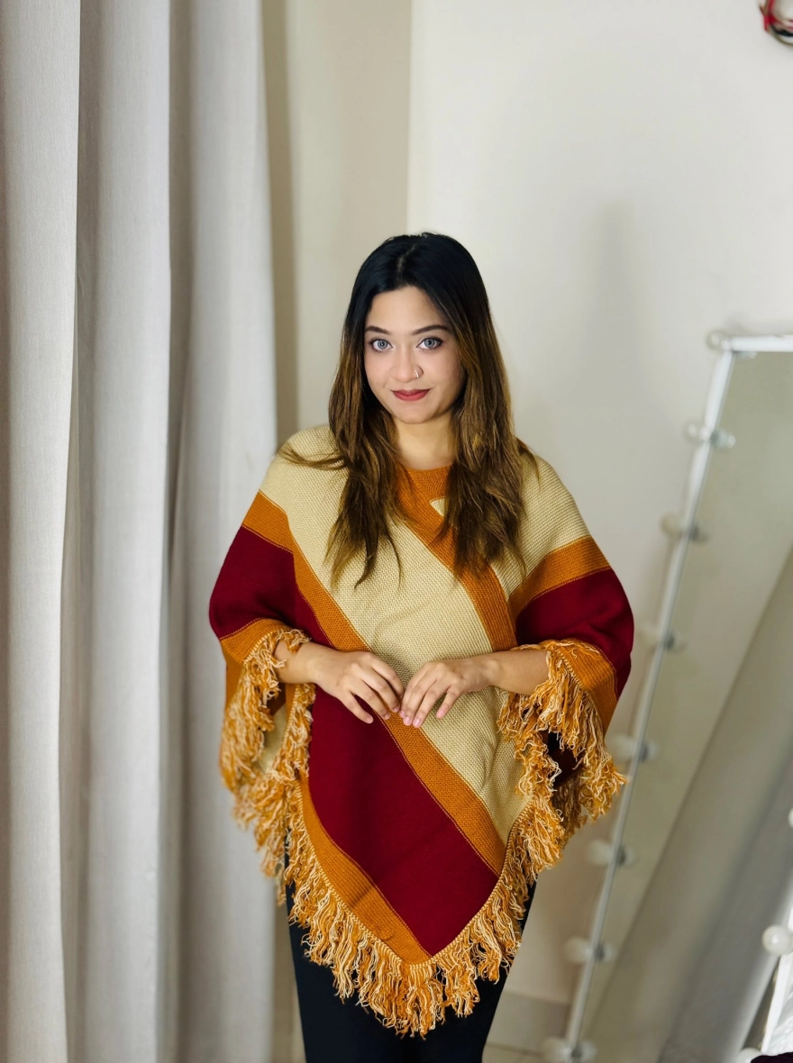 Striped Knit Poncho with Fringe