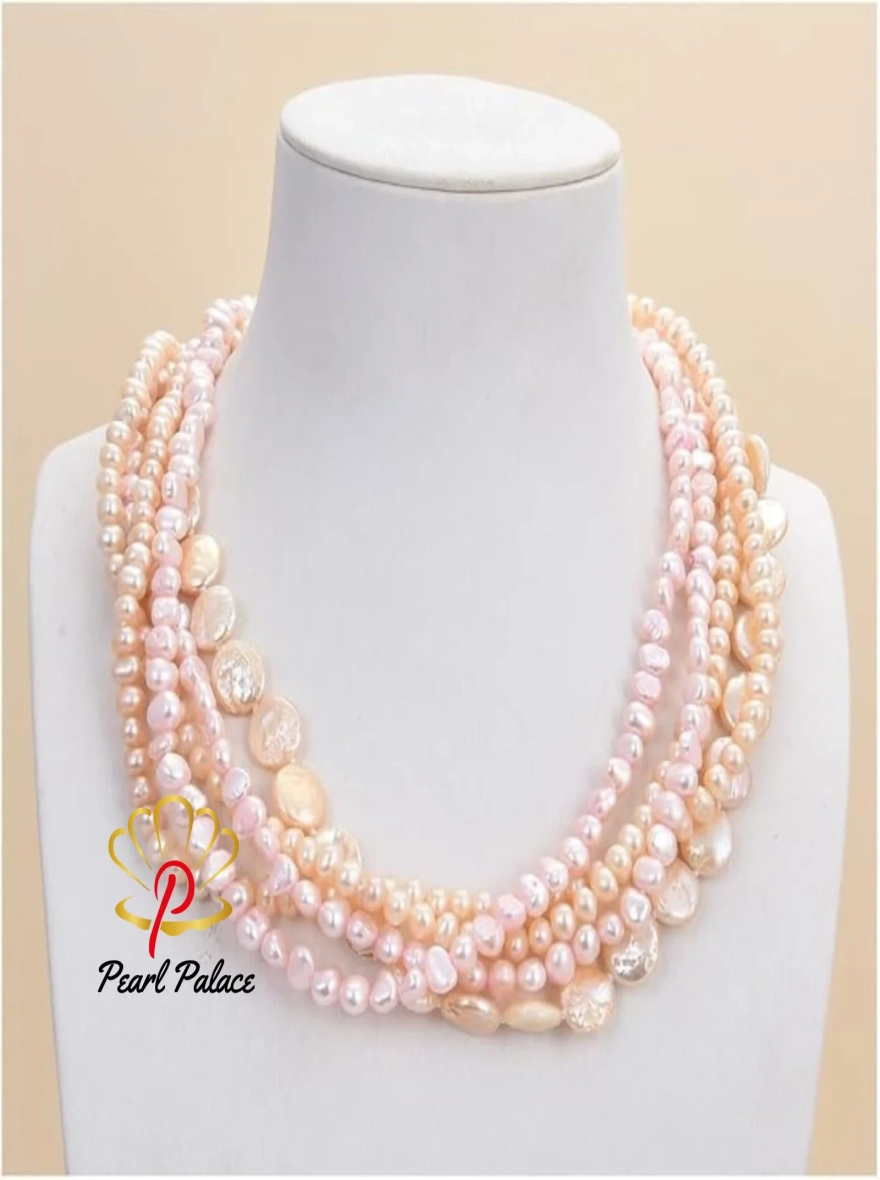 5Rows Natural Pink Coin Cultured Baroque Fancy  Necklace Jewelry 18-19inch .