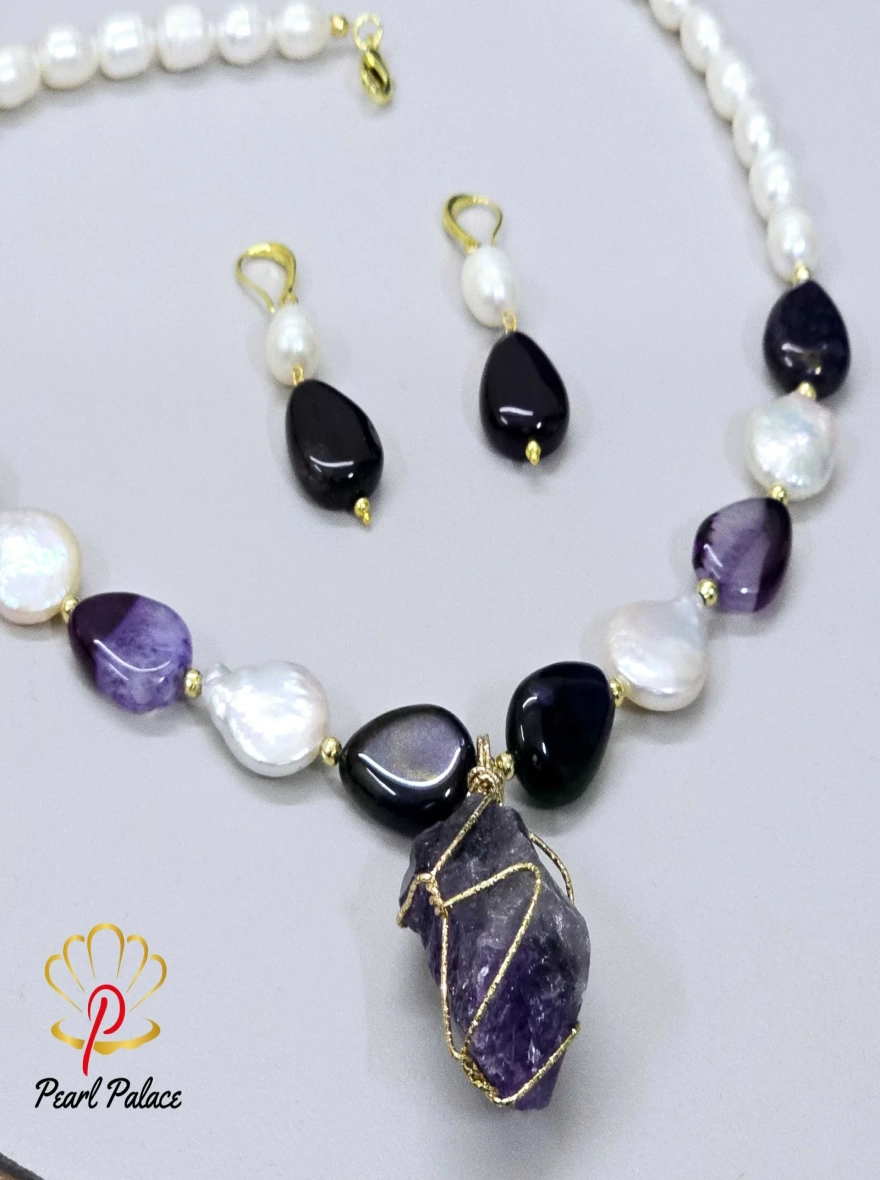 Rice pearl ,coin pearl, with Amethyst stone pendant