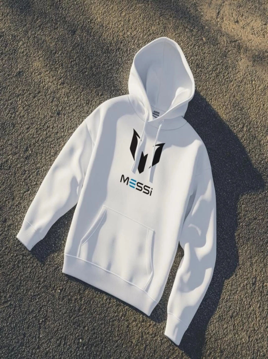 Messi Icon Pullover White Hoodie with Black & Blue Logo