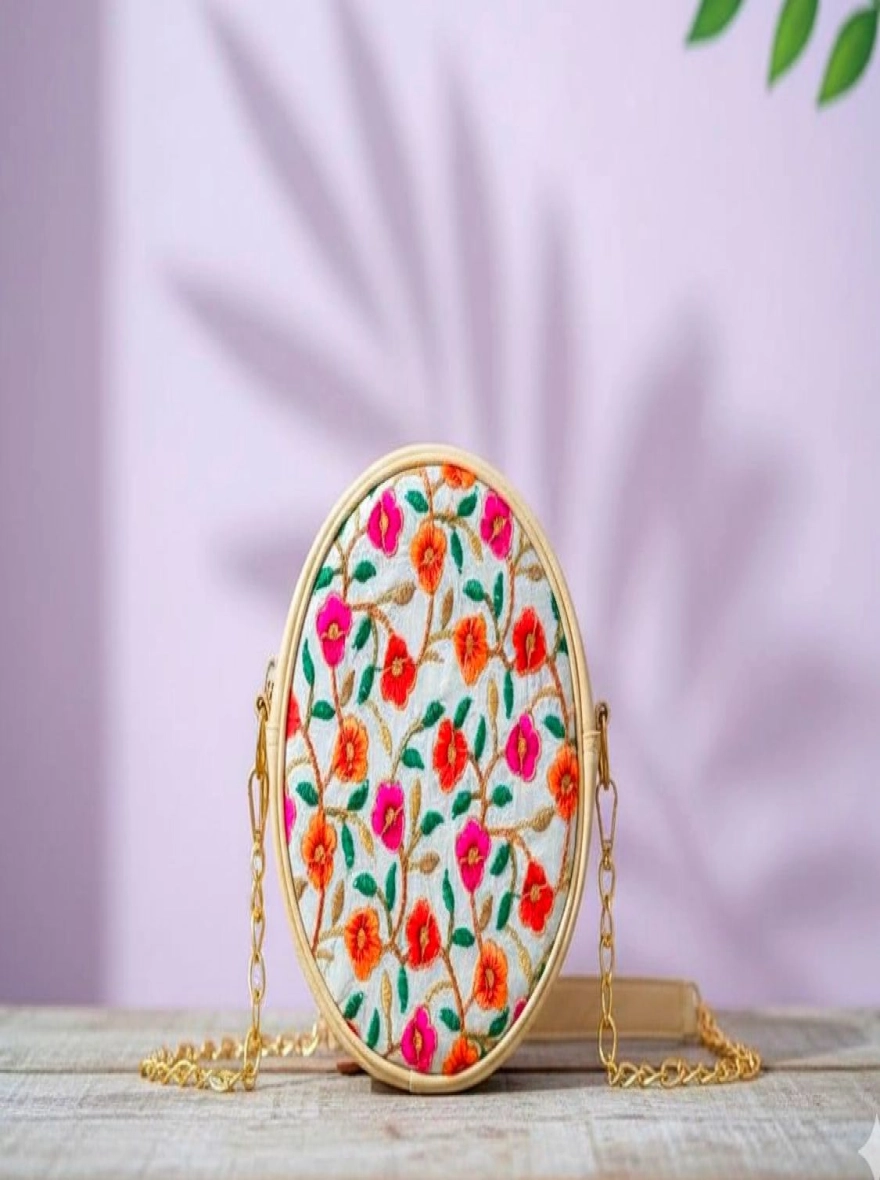 Meadow Charm White Floral Embroidered Circle Bag