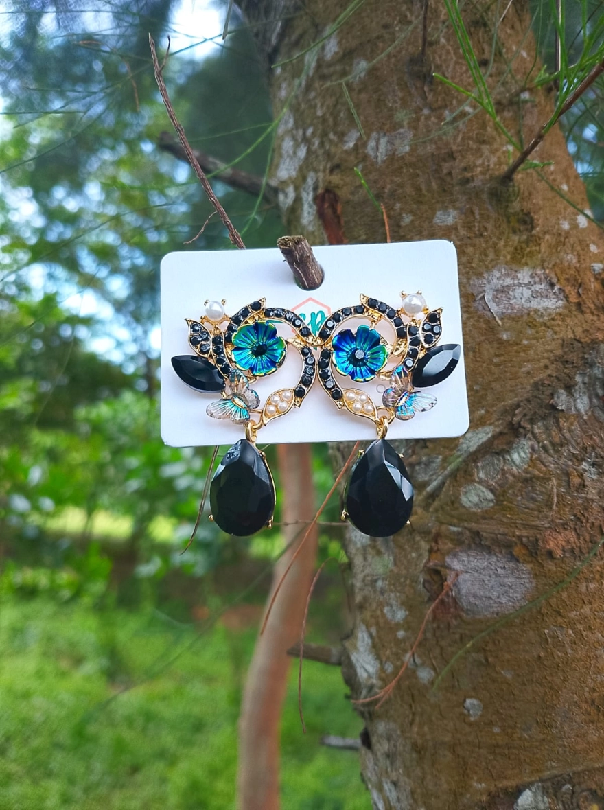 Midnight Peacock Floral Drop Earrings