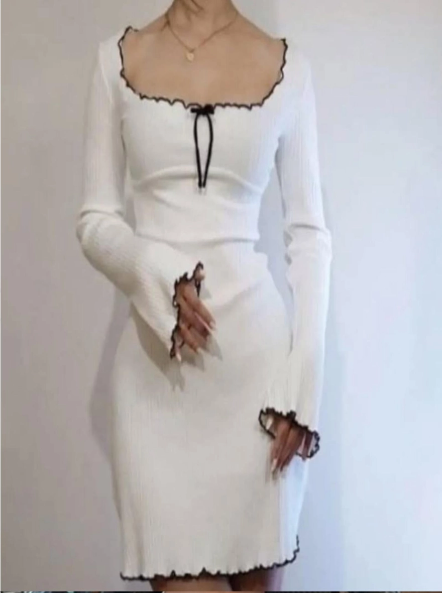 Cloud White Contrast Lettuce-Edge Mini Dress