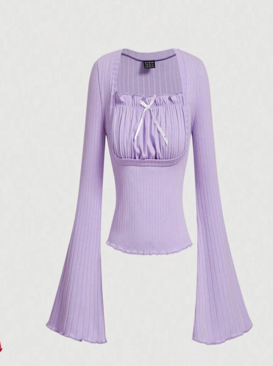 Lavender Rib-Knit Flared Sleeve Top with Satin Bow