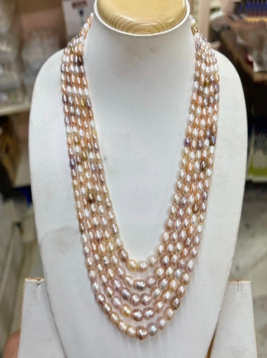 Exclusive Pink and Levender mixed Rice pearl 5 Layer necklace