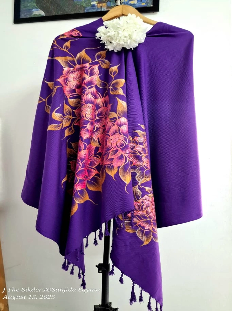 Royal Violet Hand-Painted Floral Winter Shawl