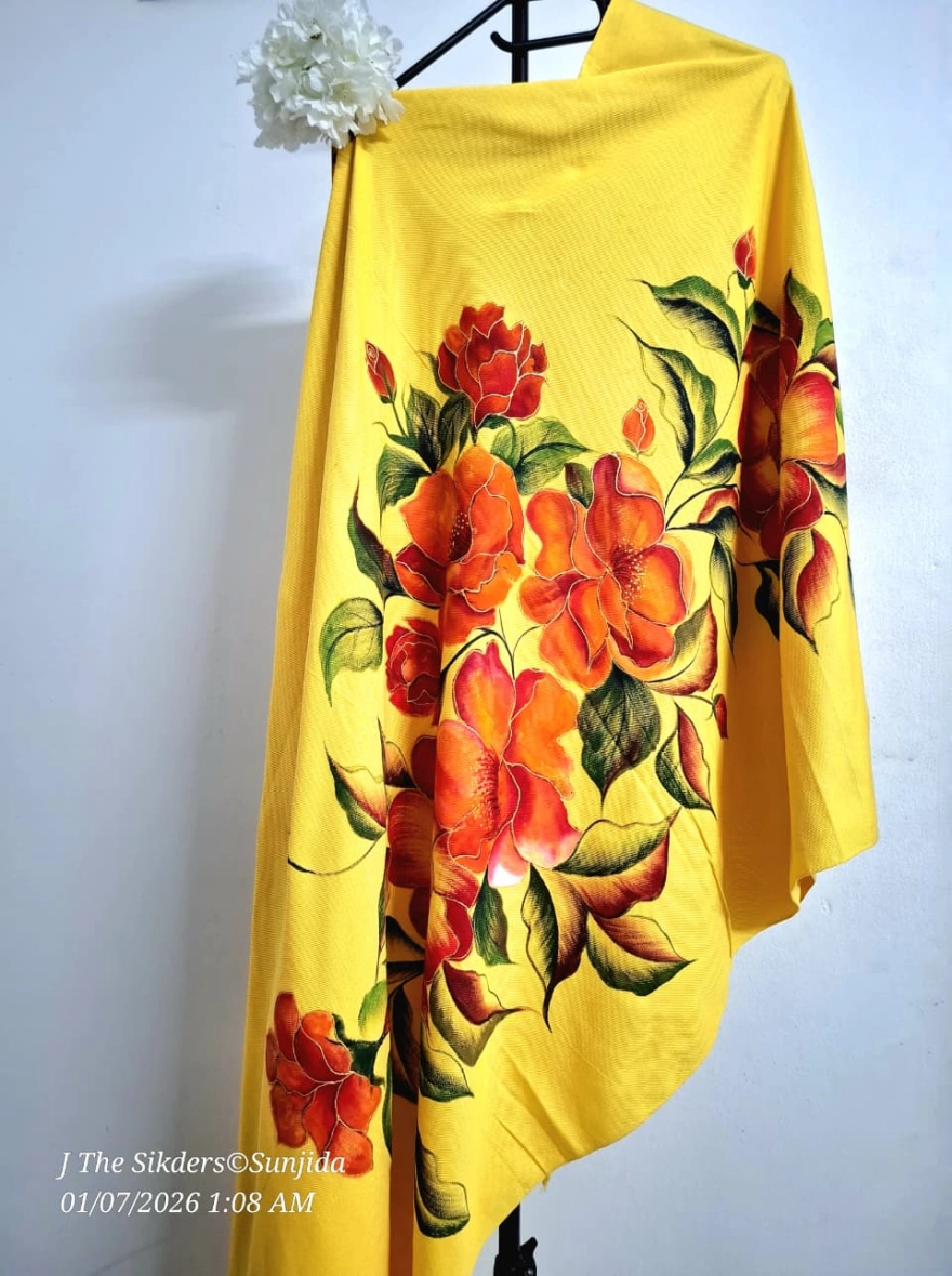 Sun-Drenched Rose Hand-Painted Yellow Winter Shawl