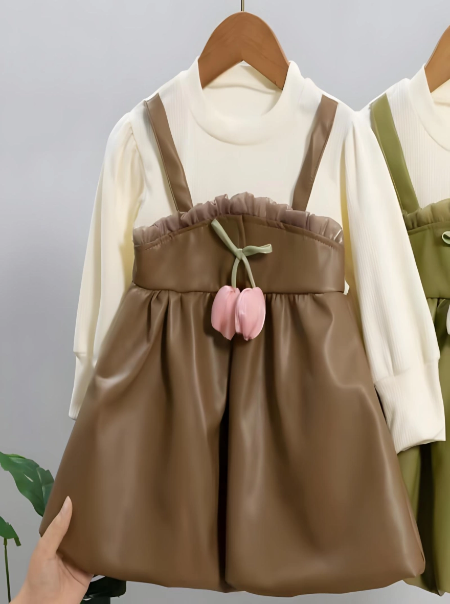 Imported Pu Leather Floral Brown Girl Suit - China