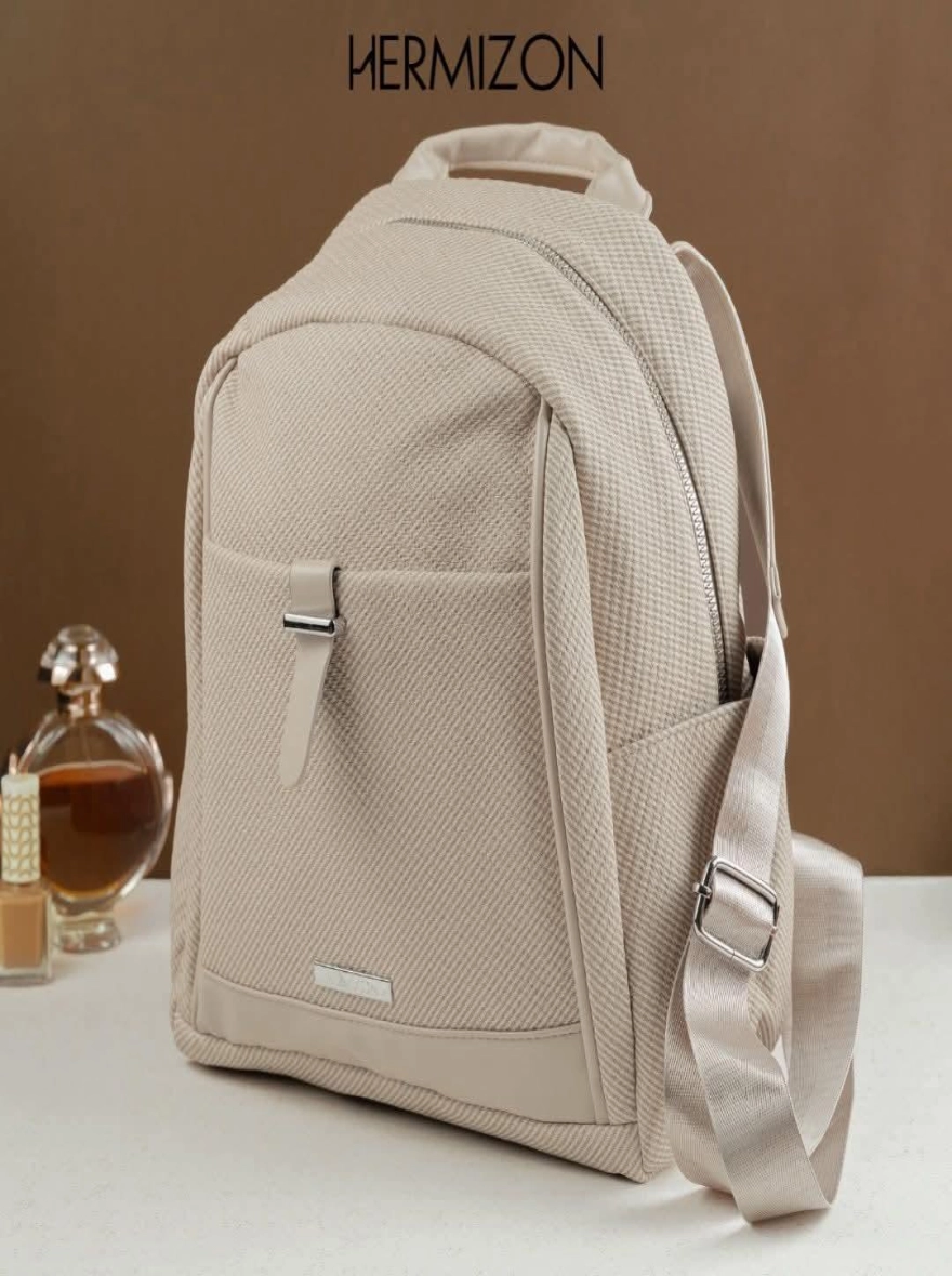 Beige Canvas-Textured Artificial Leather Backpack