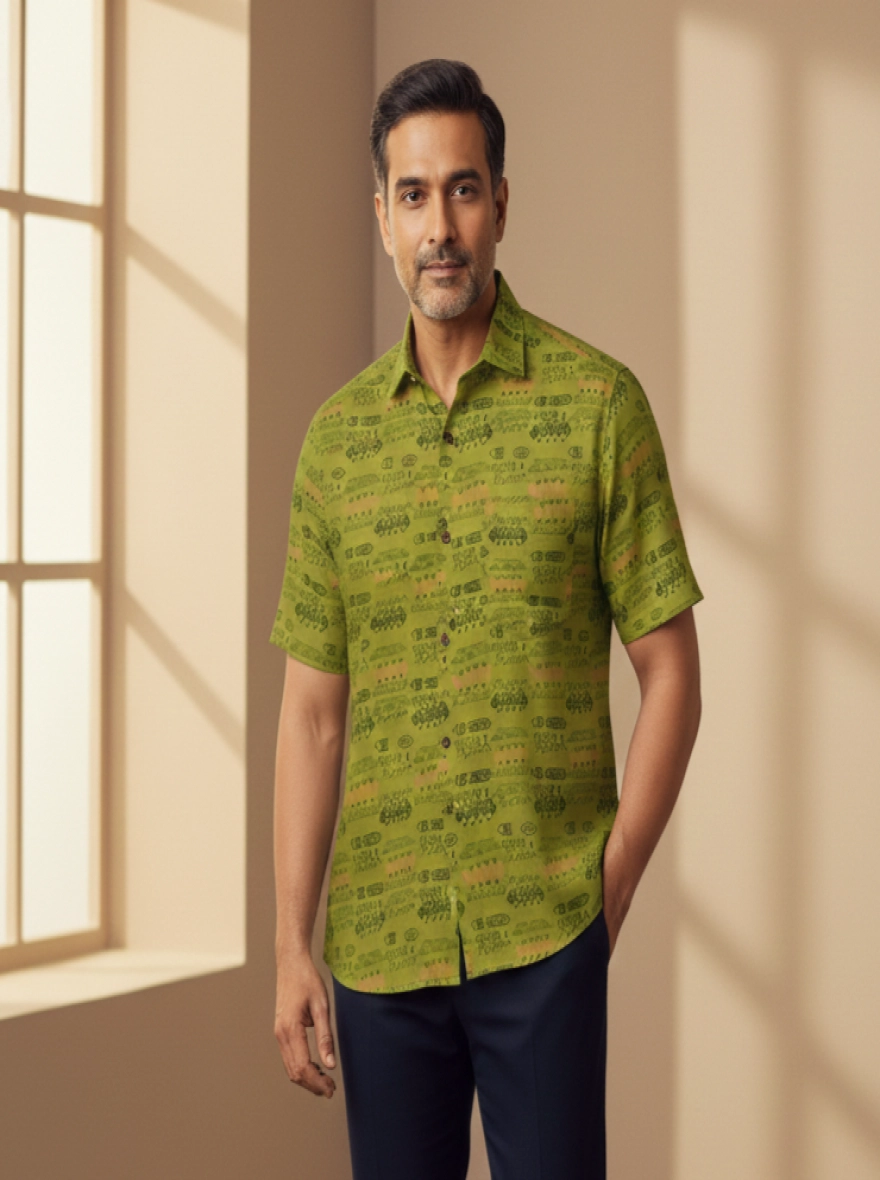 Men’s Lime Green Tribal Motif Taat Half Shirt