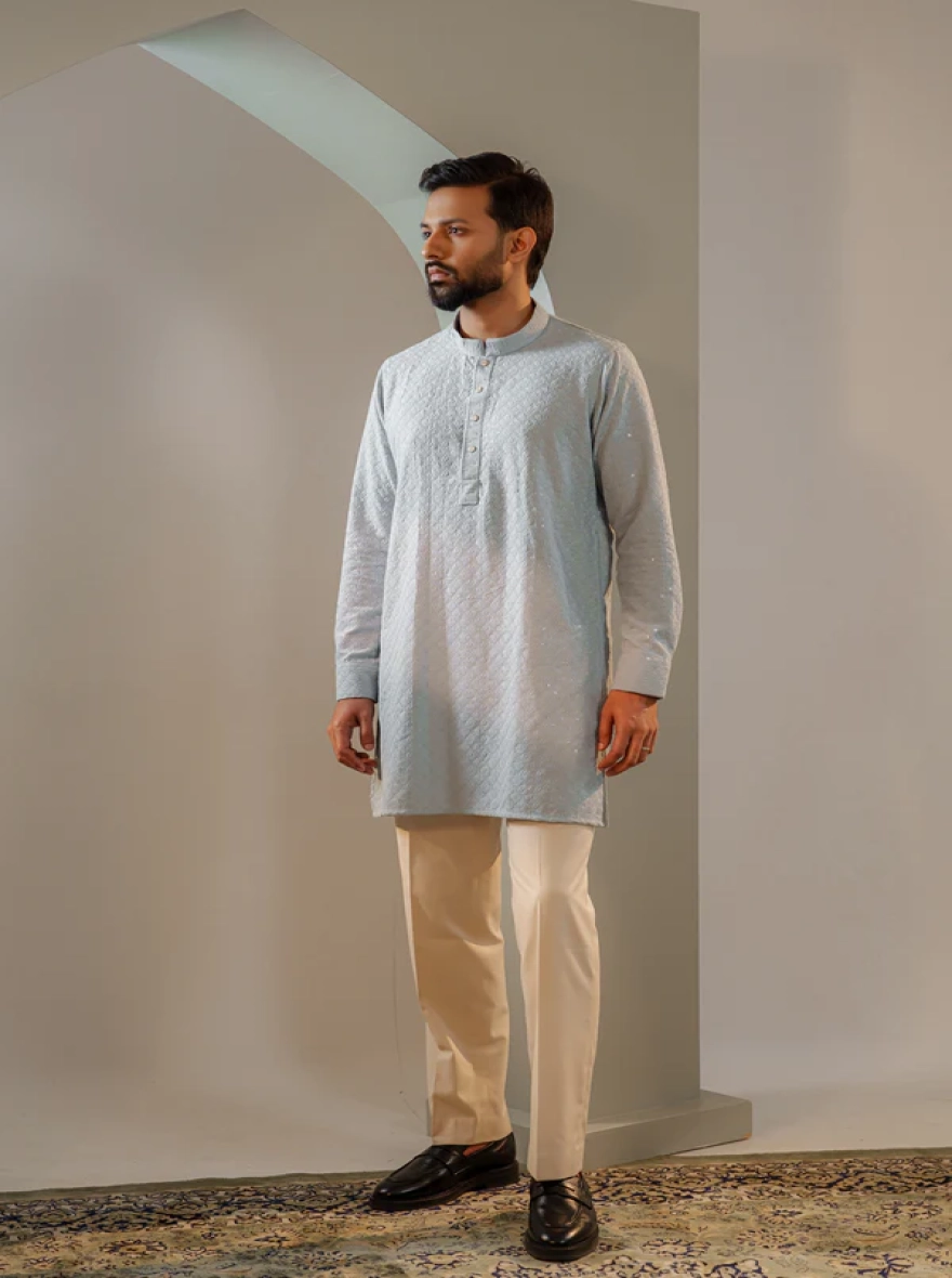 Ayaaz Embroidered Panjabi – Steel Blue