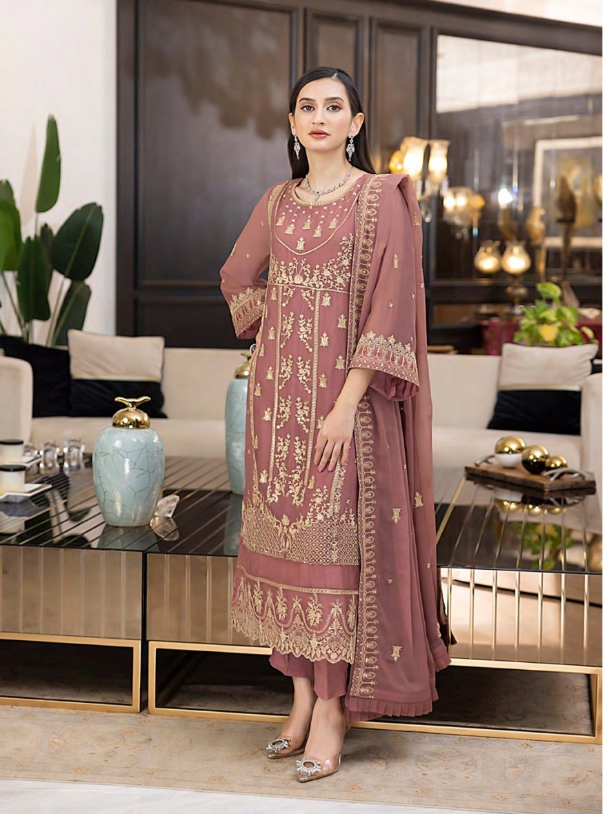 Elegant Mauve Embroidered Georgette Formal Suit-Unstitched