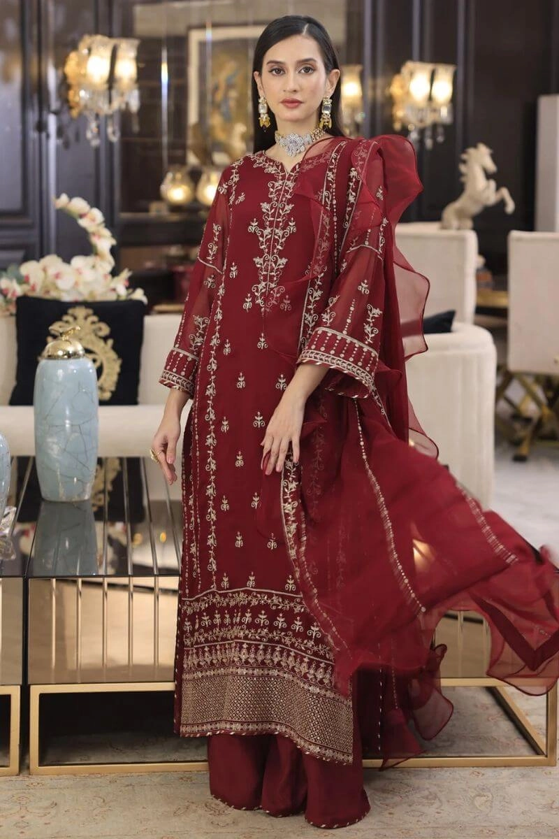 Royal Maroon Zari Embroidered 3-Piece Georgette SuitUnstitched