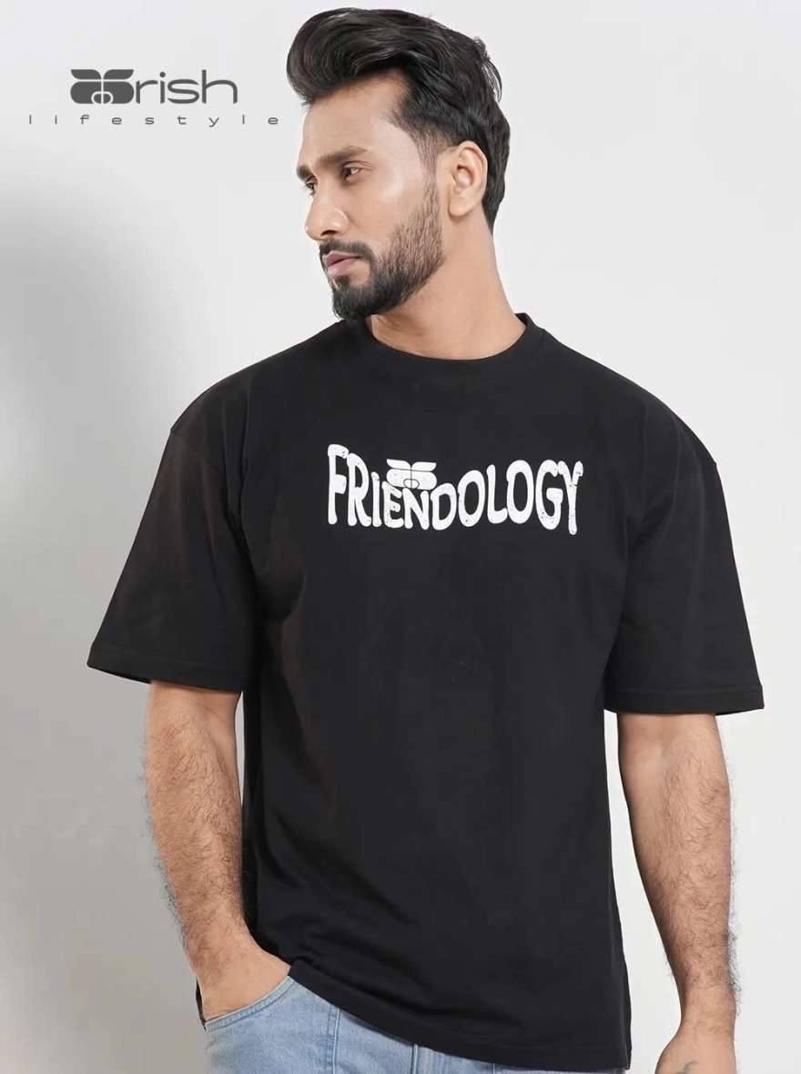 Arish Lifestyle "Friendology" Graphic Oversized T-Shirt - Black