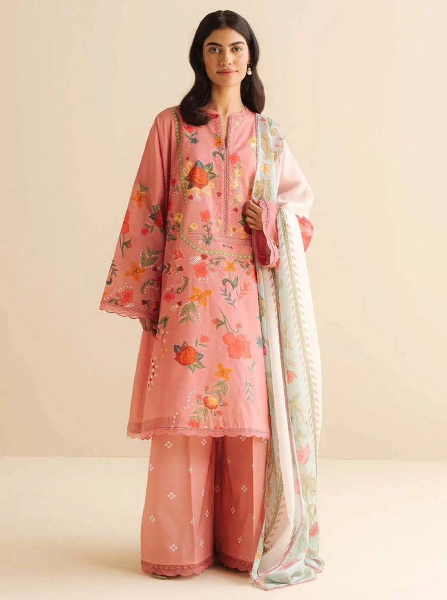 Zara Shahjahan Coco Print – Peach Botanical Unstitched 3 Piece Suit