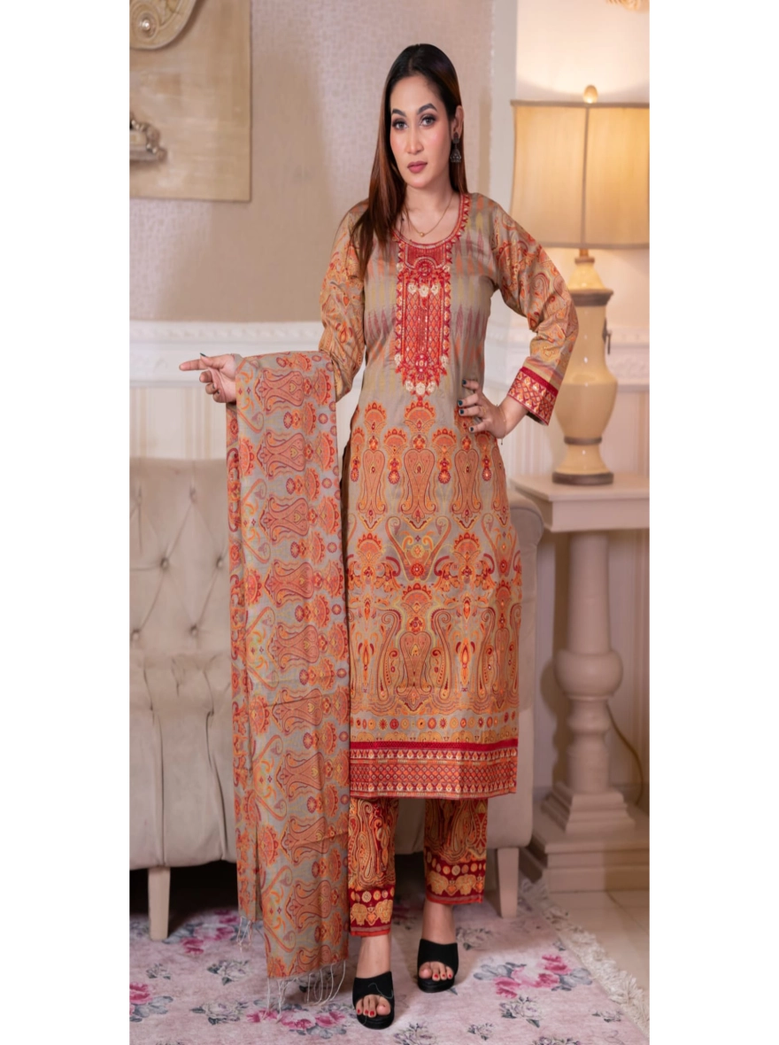Artisan Block Print & Embroidered Taat Cotton Three-Piece Set