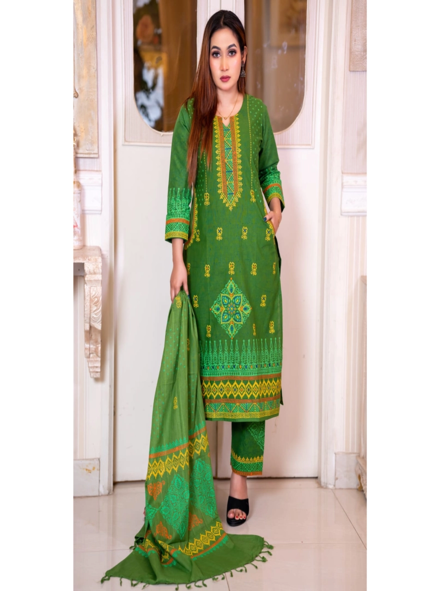 Artistic Block-Print & Embroidered Taat Cotton Three-Piece