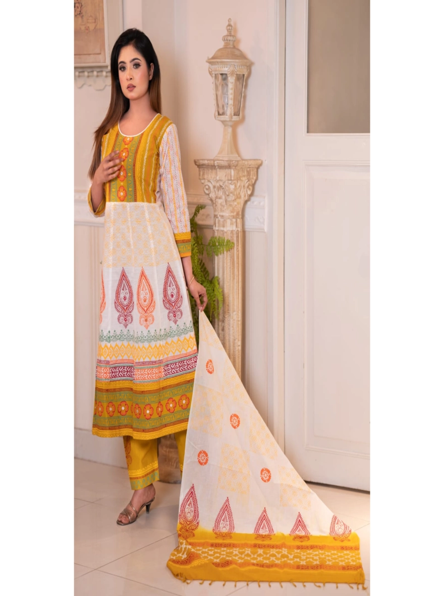 Elegant Block-Printed & Embroidered Taat Cotton Three-Piece Set