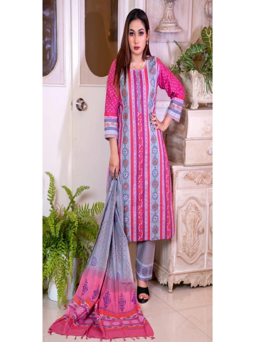 Designer Block-Printed & Embroidered Taat Cotton Three-Piece Set