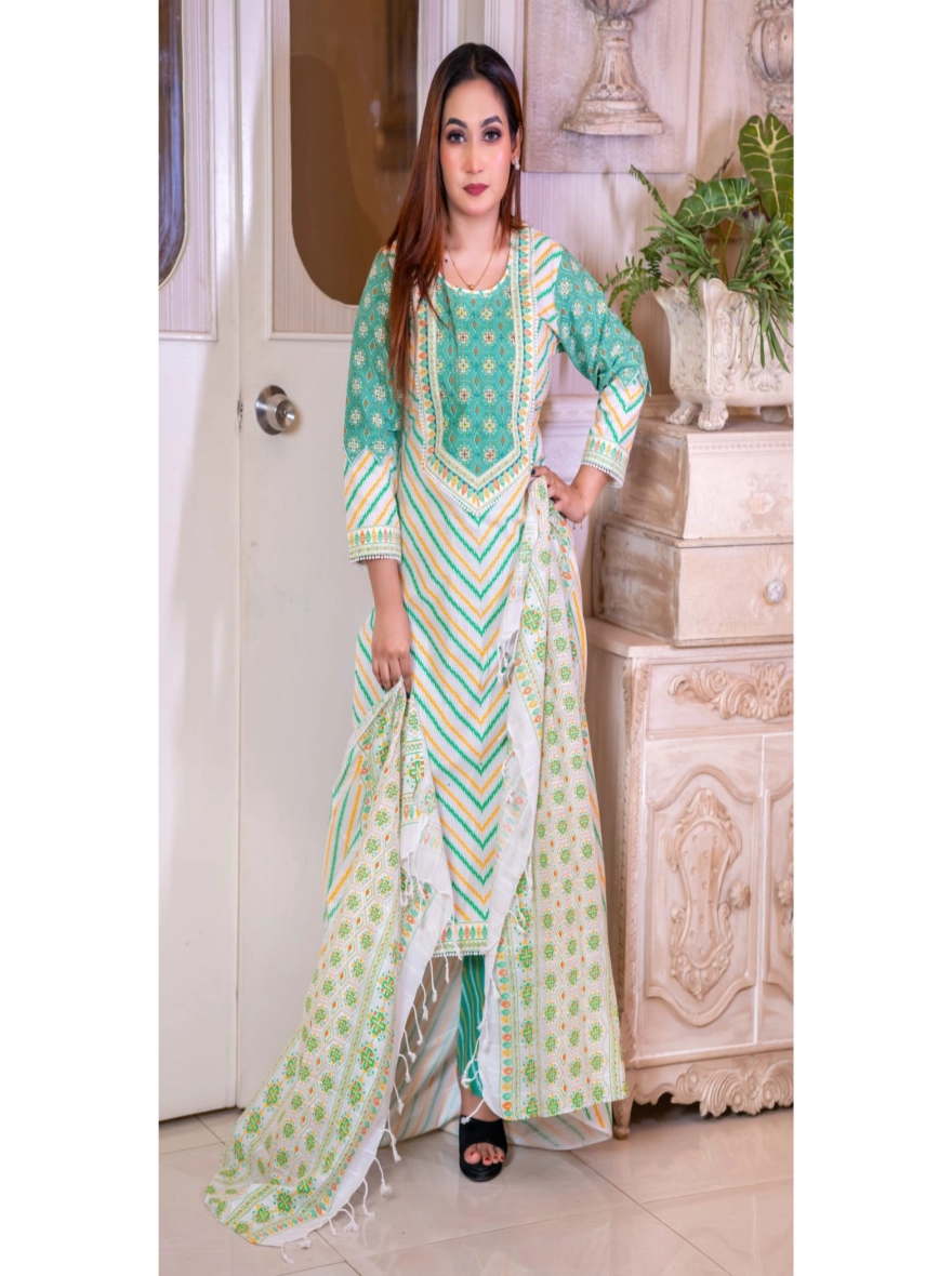 Classic Block-Printed & Embroidered Taat Cotton Three-Piece Set