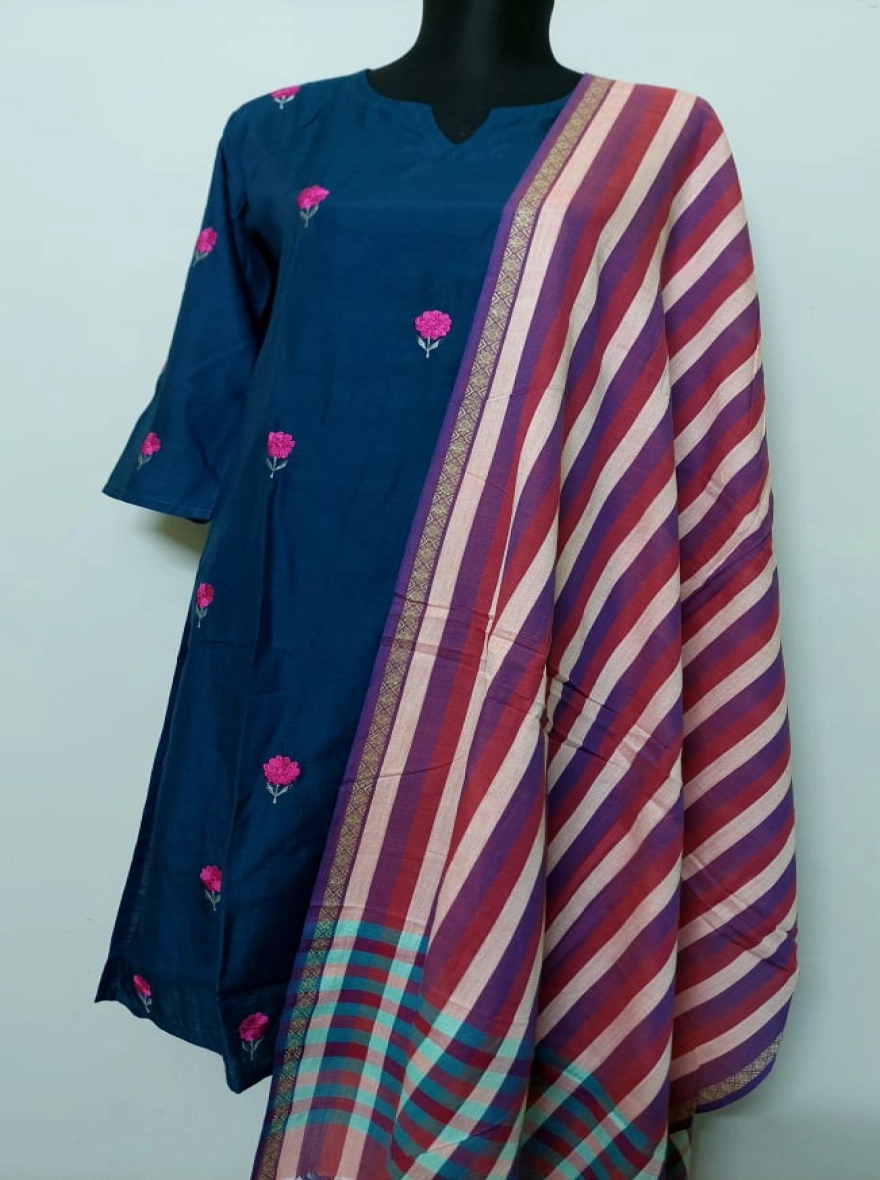 Midnight Teal Floral Embroidered Kurti with Striped Dupatta Set