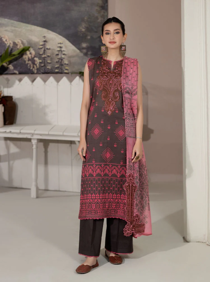 Binaas Varda Digital Printed Unstitched Lawn 3-Piece Suit - Pink x Black