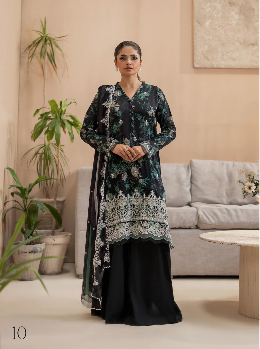 Pakistani Premium Mishaal by Gulljee – 3 Piece Printed Lawn Suit (Black/Emerald)