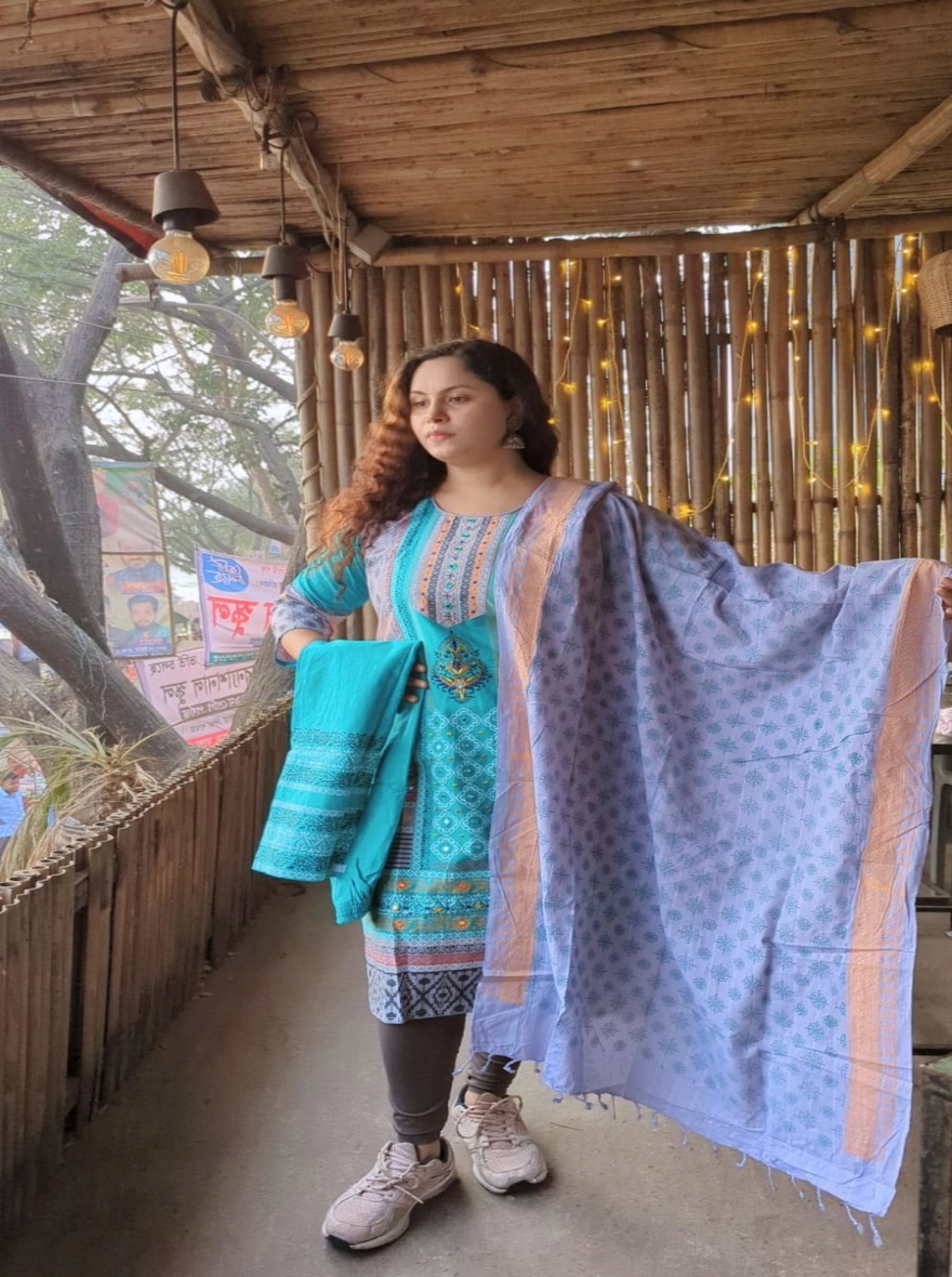 Serene Teal Aarong Cotton Readymade Three-Piece with Lavender Orna