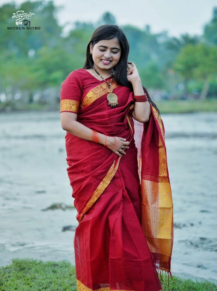 Women's Exclusive Half Silk Nakshi Pair Saree – Elegant Maroon & Heritage Gold