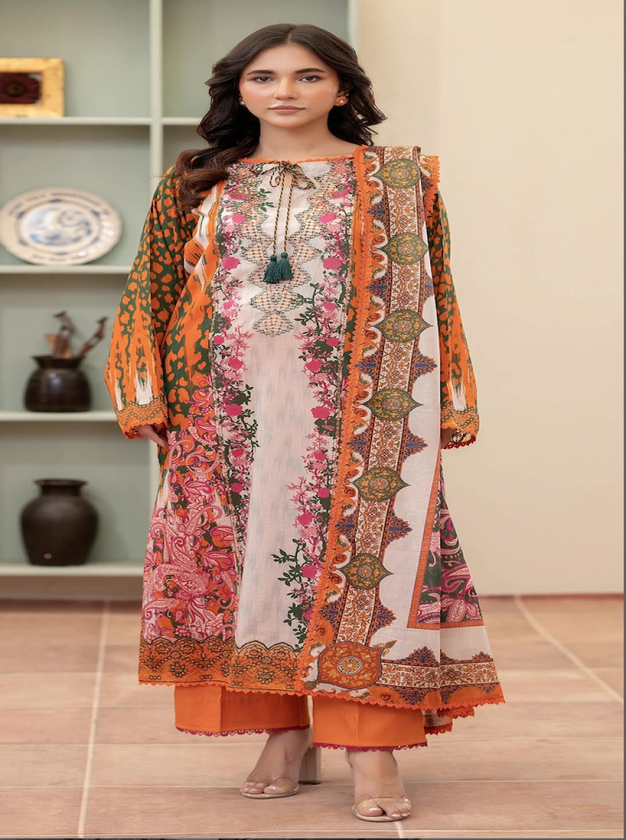 Pakistani Morja by Gulljee – Unstitched 3 Piece Embroidered Printed Lawn Suit (Orange)