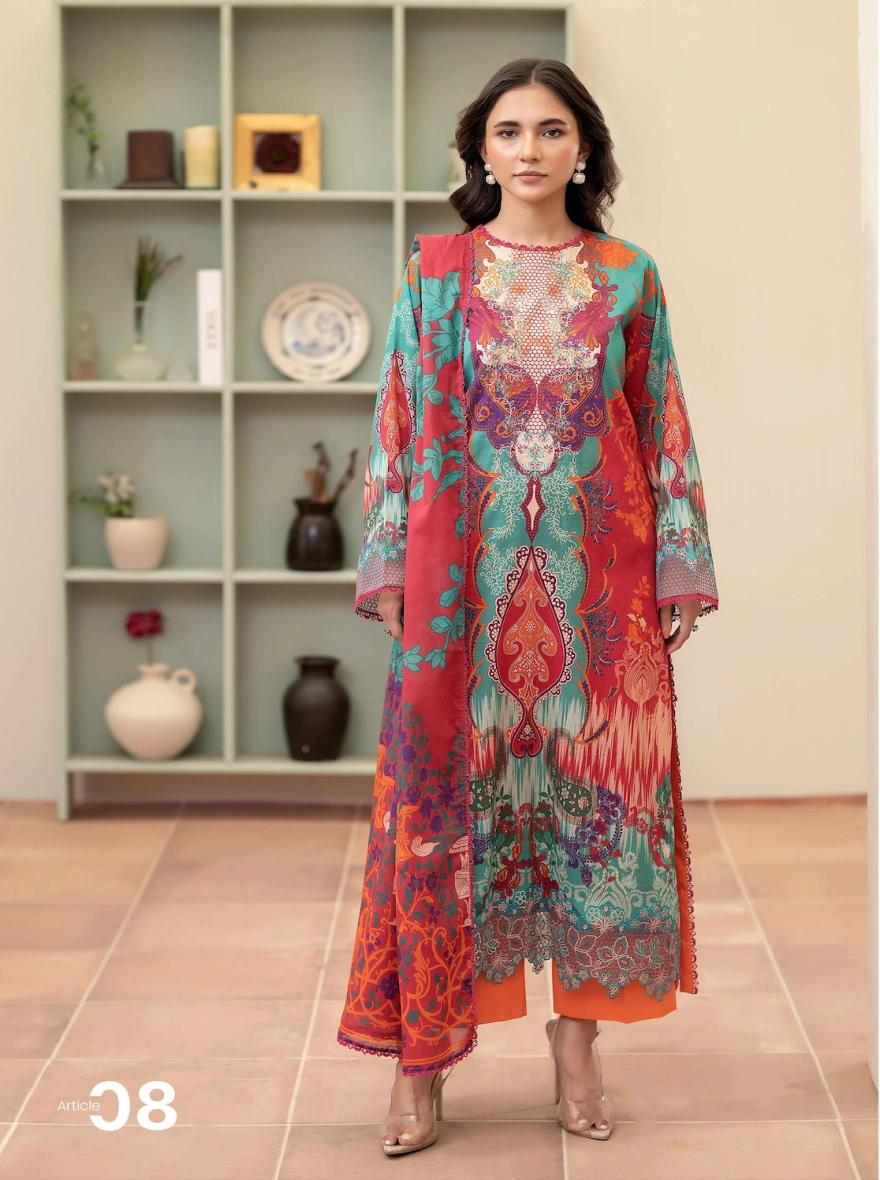 Radiant Crimson & Teal Digital Printed Embroidered Unstitched 3-Piece Lawn Suit