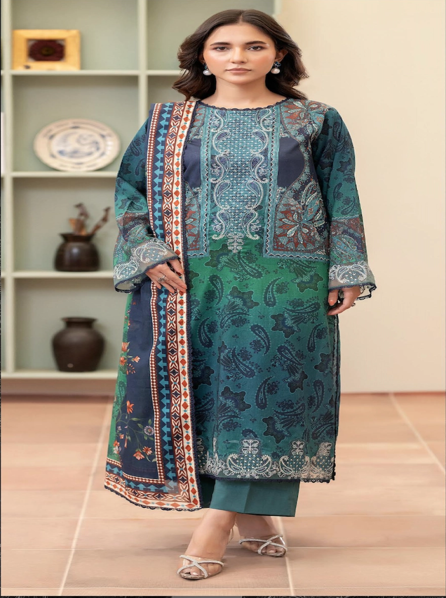 Teal & Emerald Paisley Embroidered Unstitched 3-Piece Digital Lawn Suit