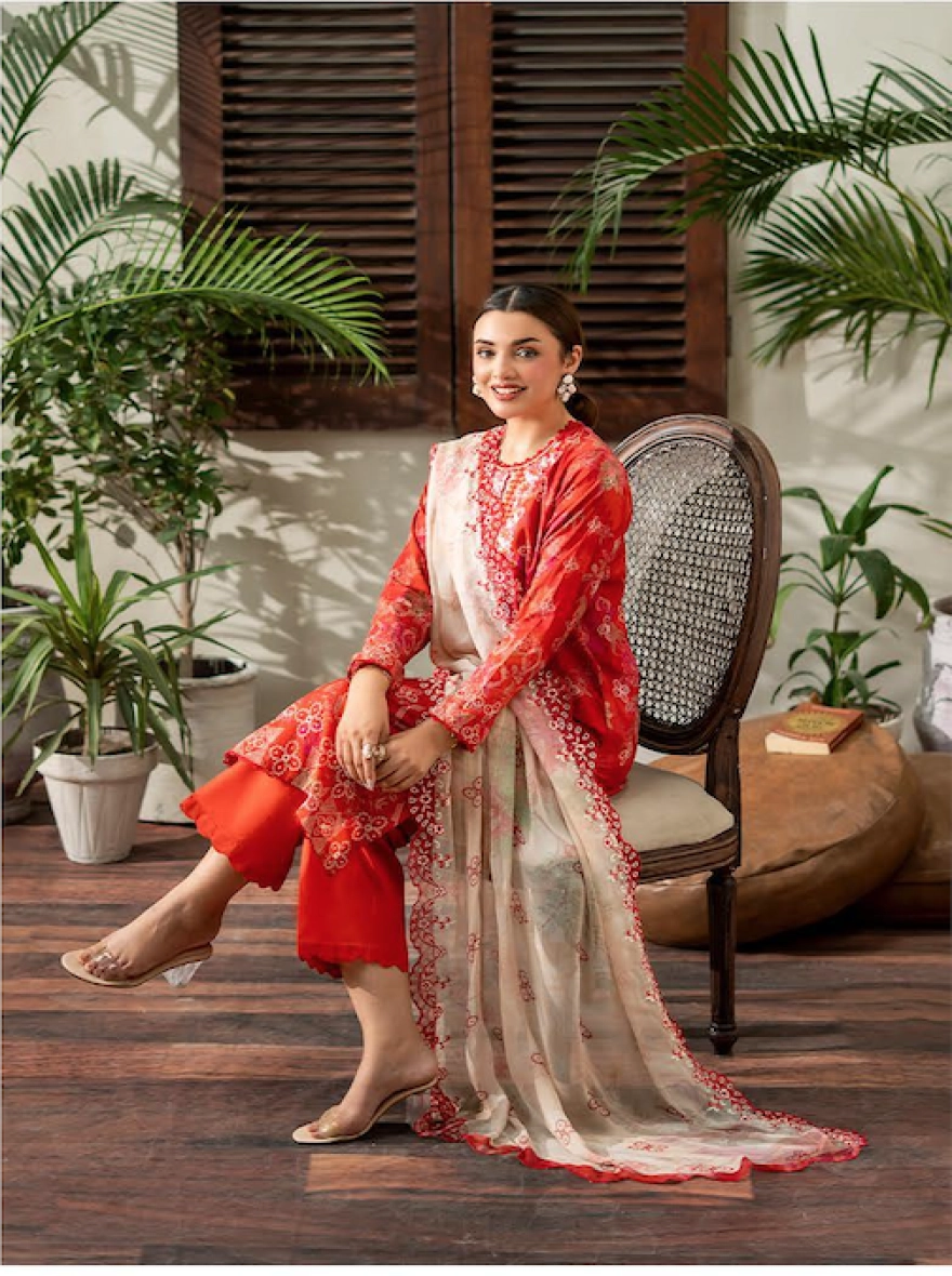  Pakistani RangPasand by Gulljee Embroidered 3-Piece- Crimson Red-unstitched