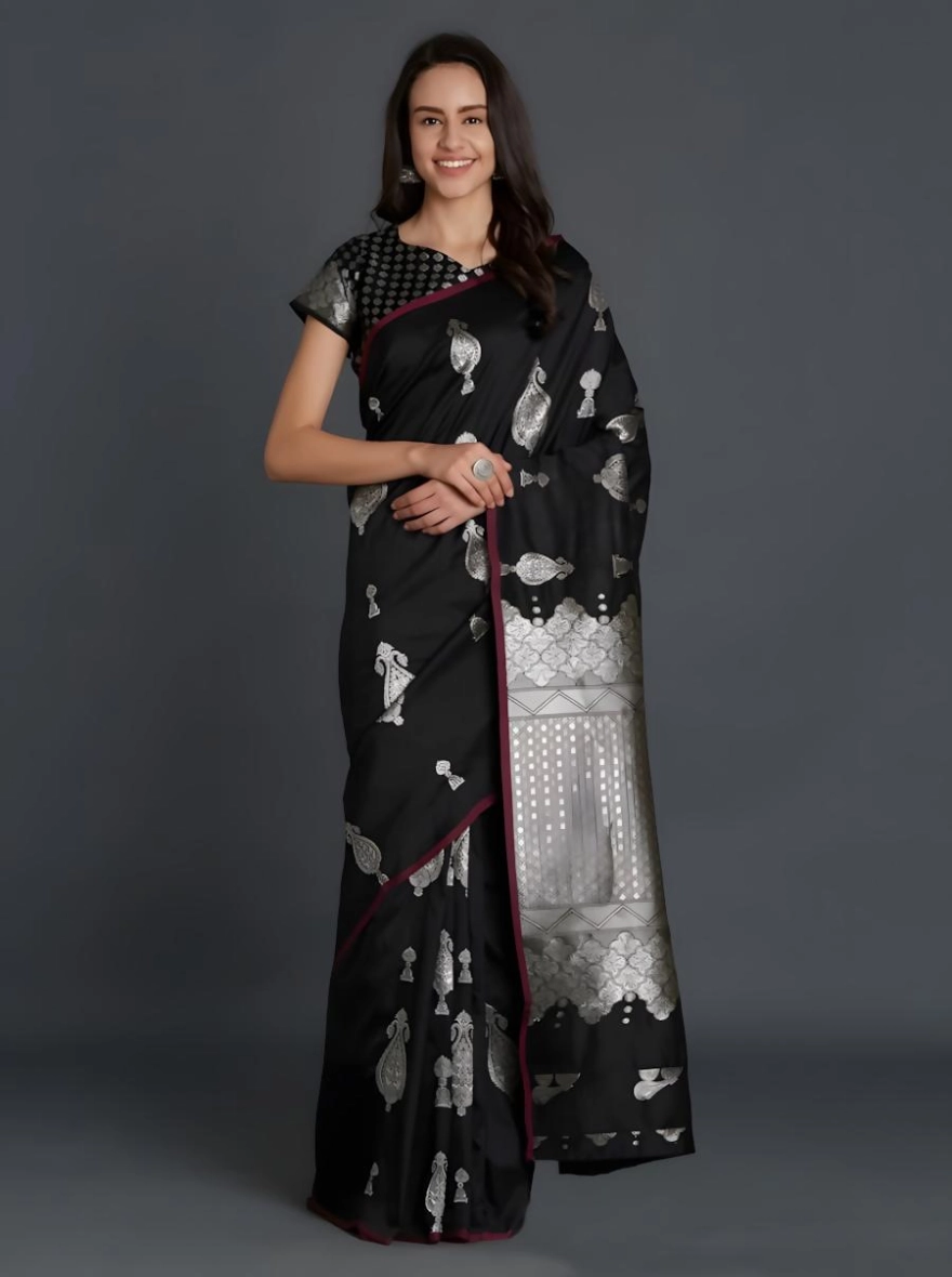 Dark Jungle-Soft Silk Screen Printed Premium Katan Sharee with Blouse 