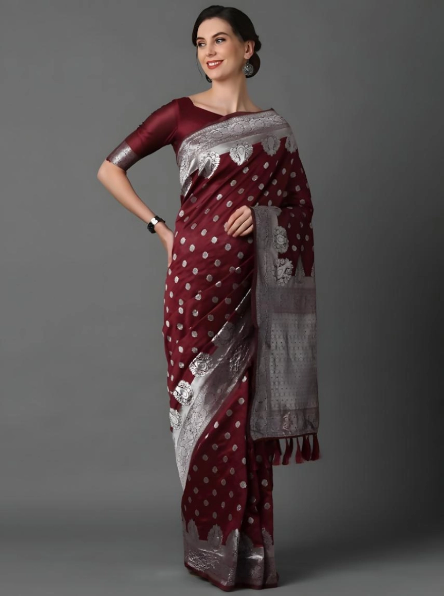 Maroon- Soft Silk Screen Printed Premium Katan Sharee with Blouse