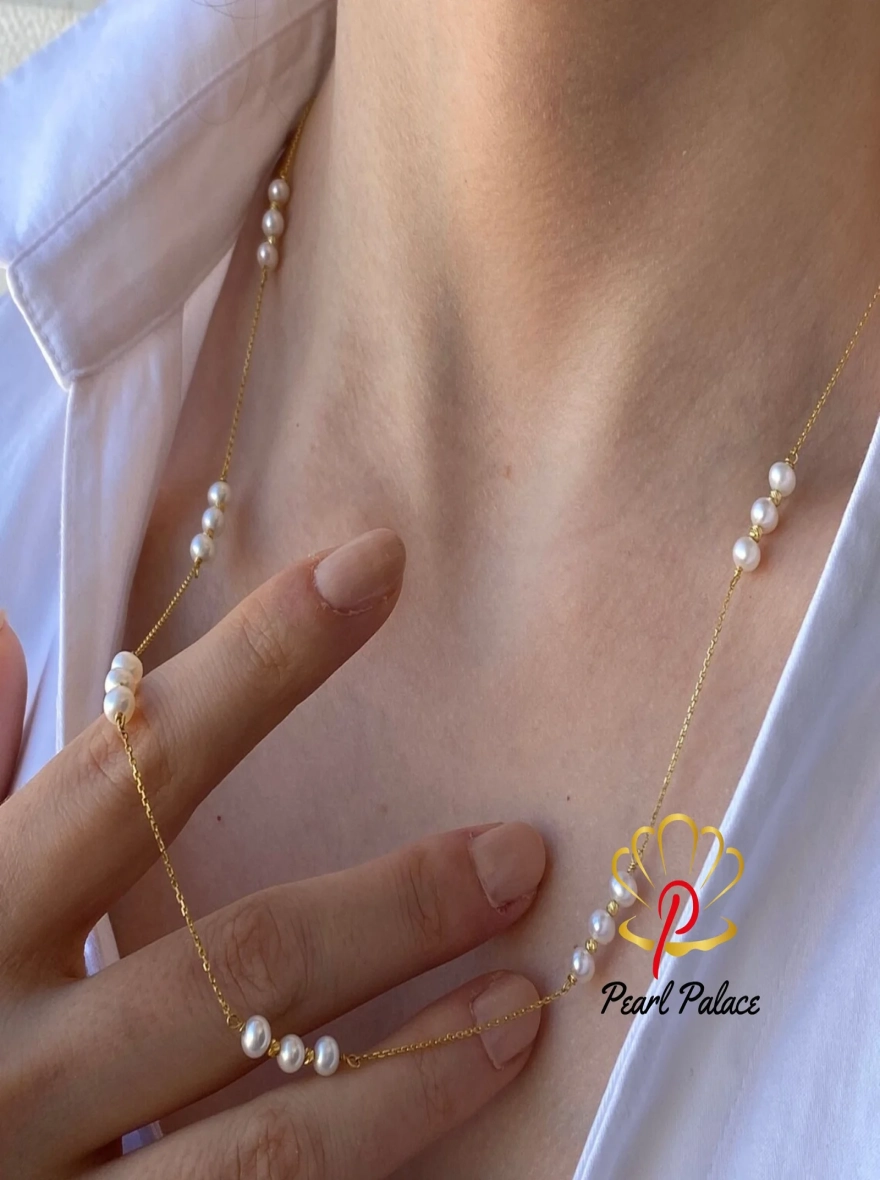 14K Gold Handmade Pearl Chain Necklace for Women