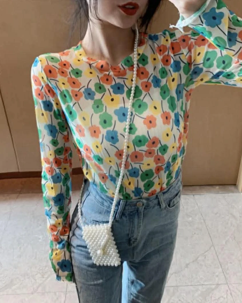 Bloom Garden Multi-Color Sheer Mesh Long Sleeve Top