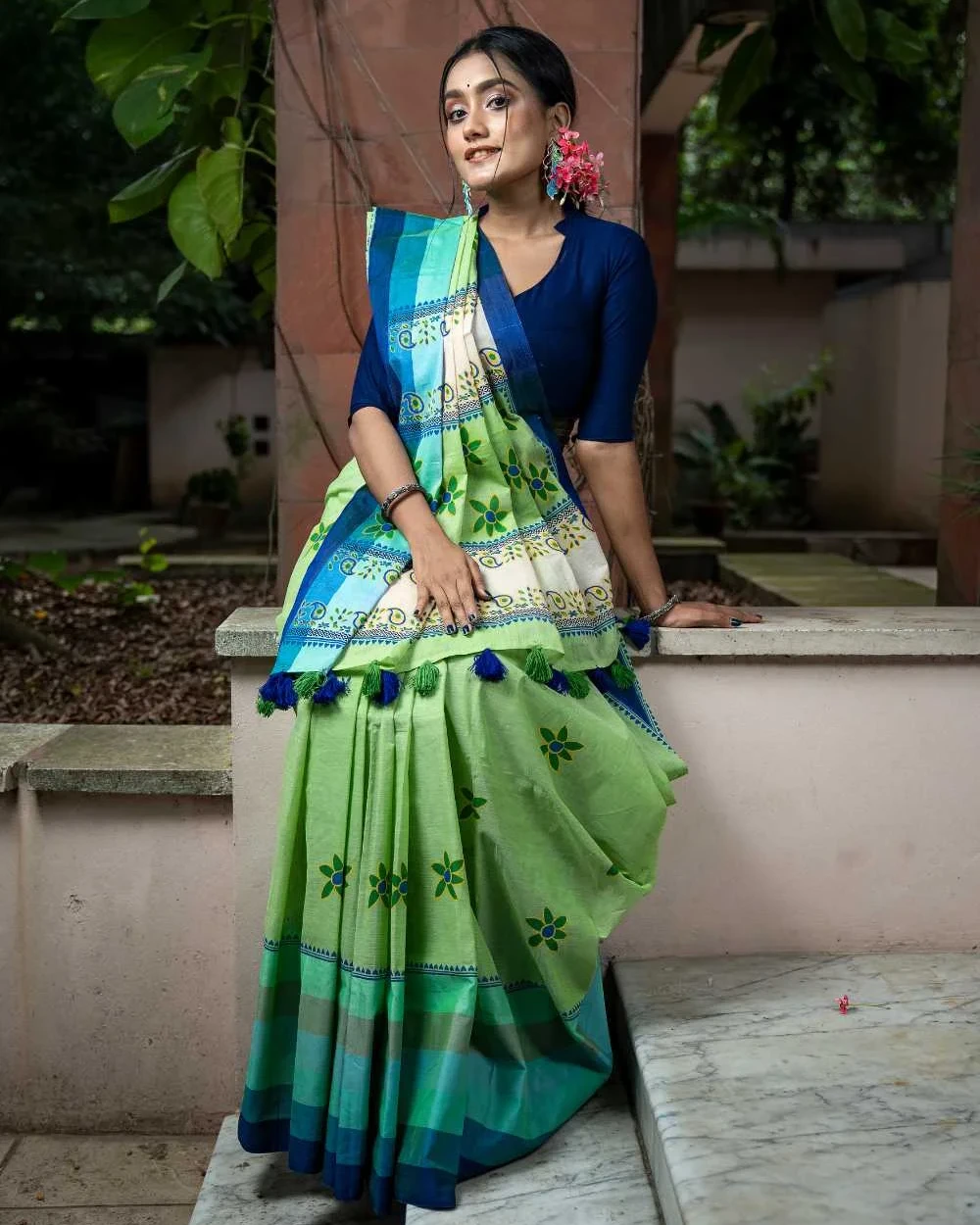 Lime Flower Blossom Saree