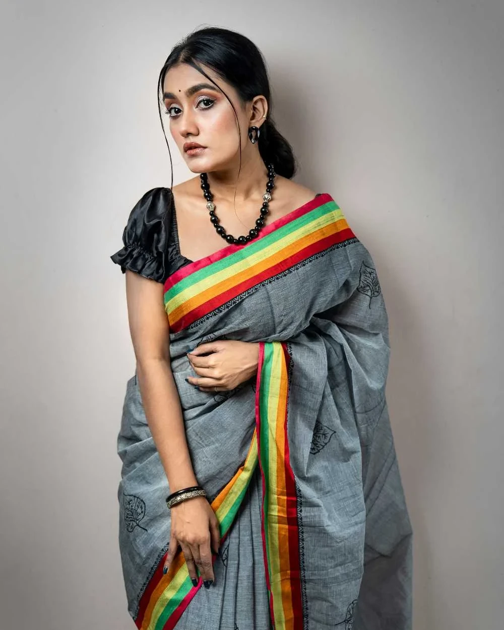 Black on Gray Leaf Saree