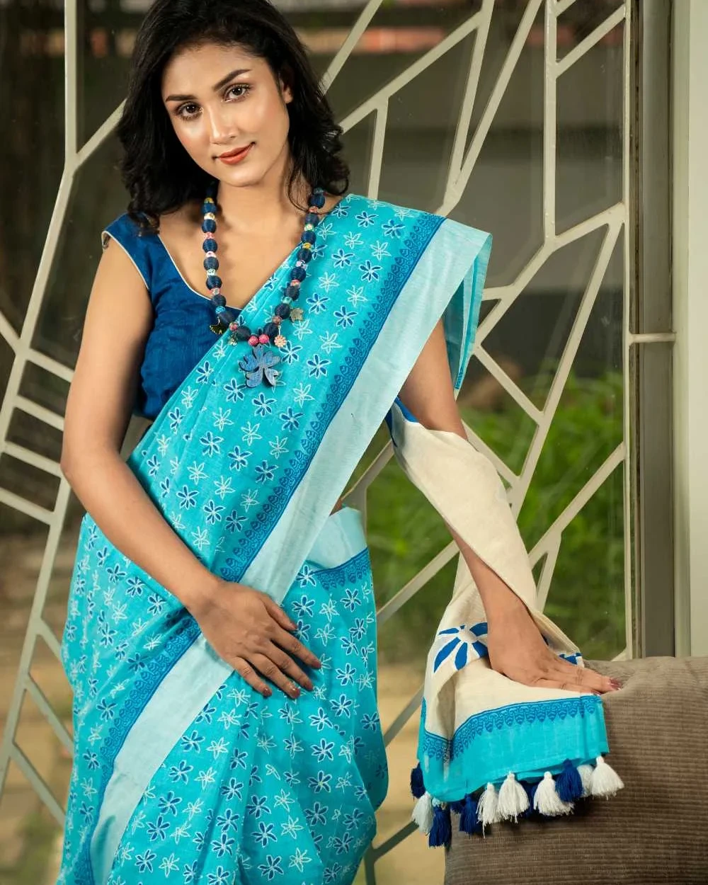 Ocean Blue Flower Blossom Saree