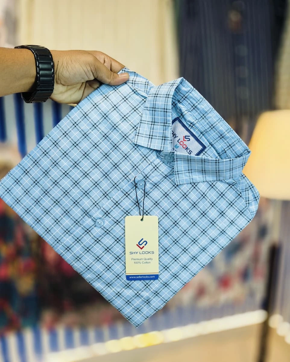 Sky Blue Micro-Plaid Premium Cotton Shirt