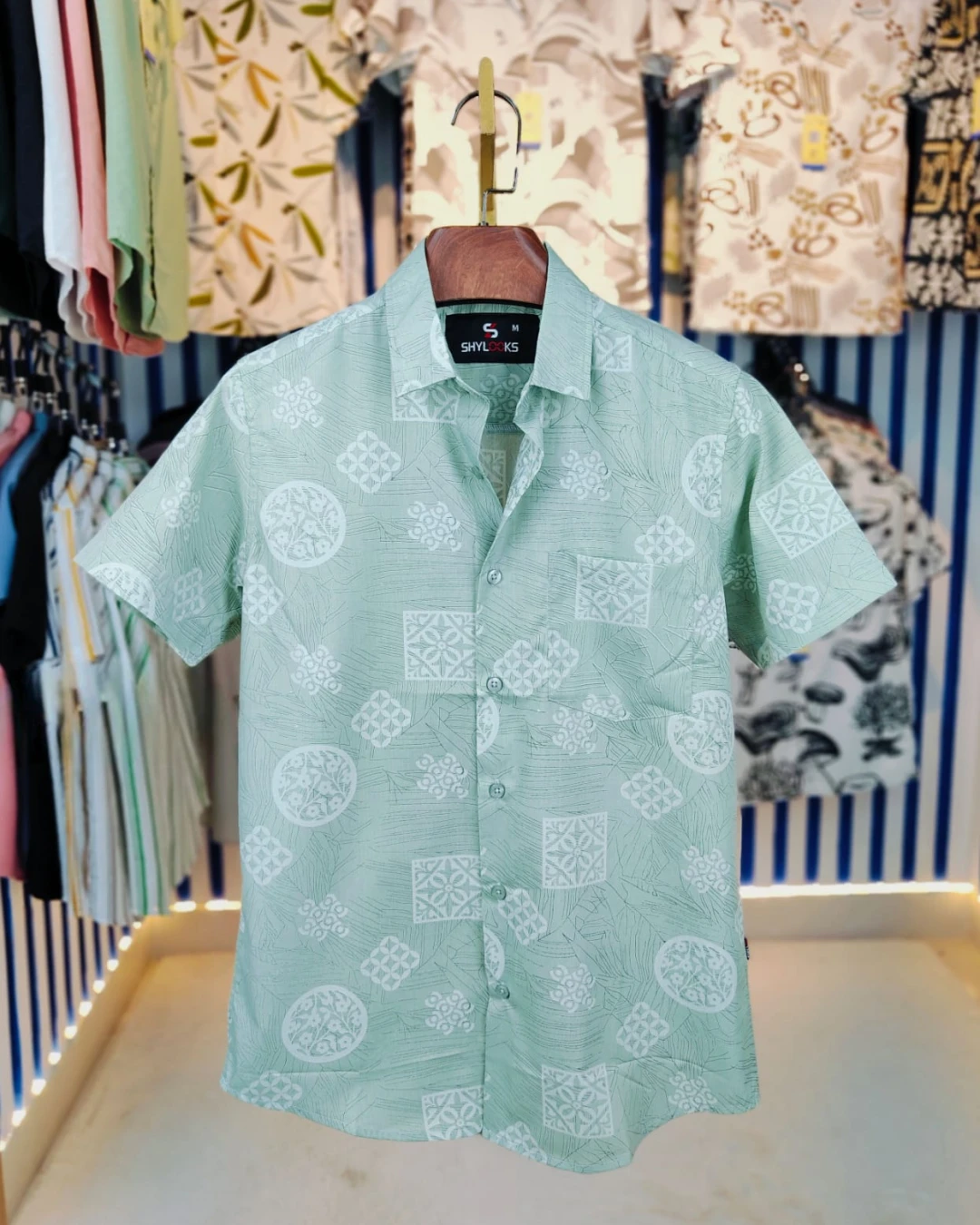 Sage Green Medallion Pure Cotton Half-Sleeve Shirt